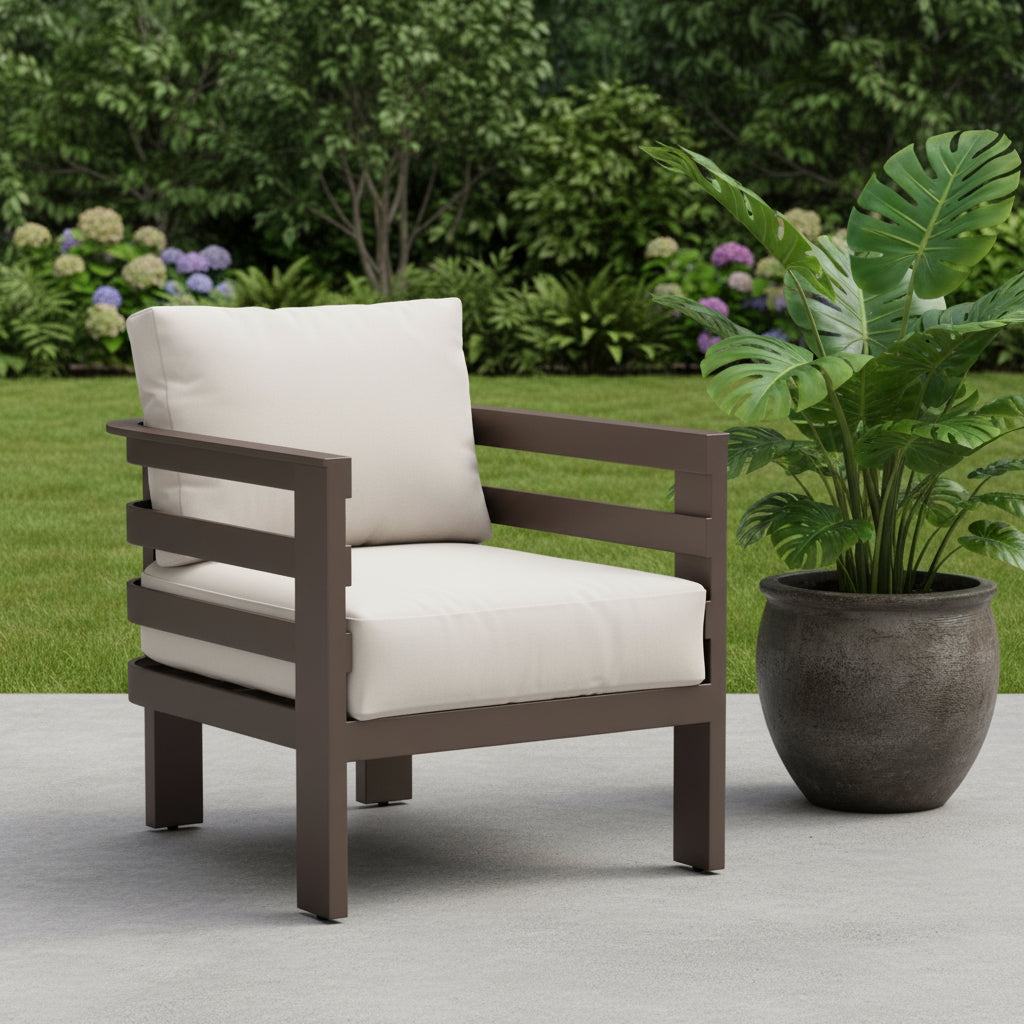 30 Brown Aluminum Outdoor Arm Chair with White Cushion