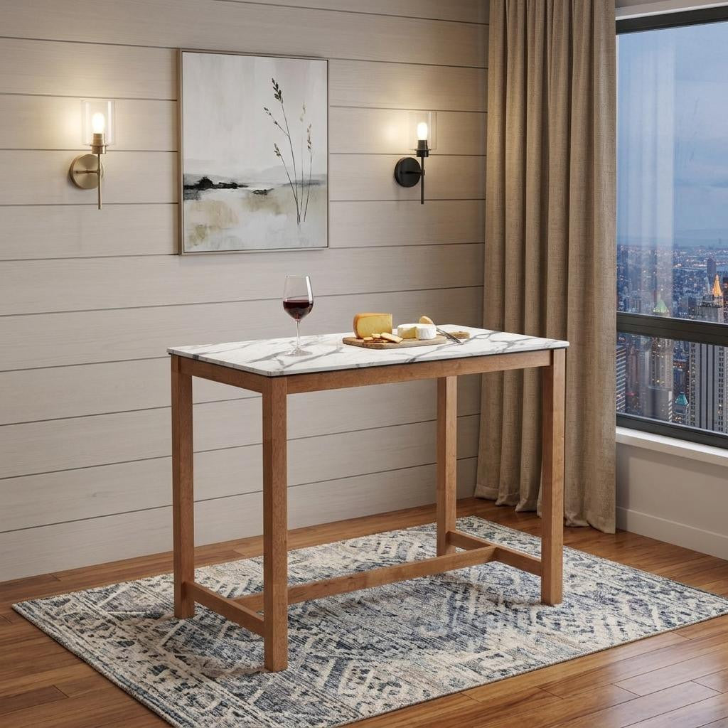 48 White and Natural Faux Marble and Solid Wood Rectangular Bar Table