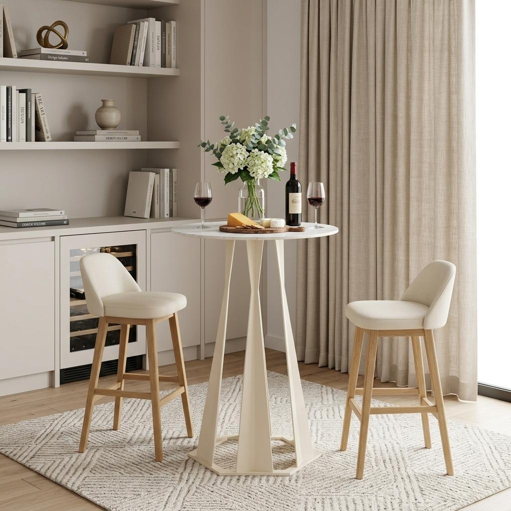 26 White Faux Marble and Steel Rounded Bar Table