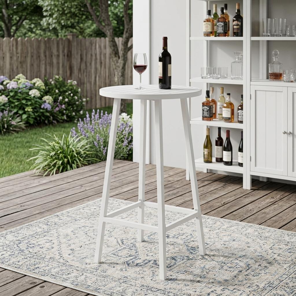 24 White Aluminum Slat Rounded Outdoor Bar Table