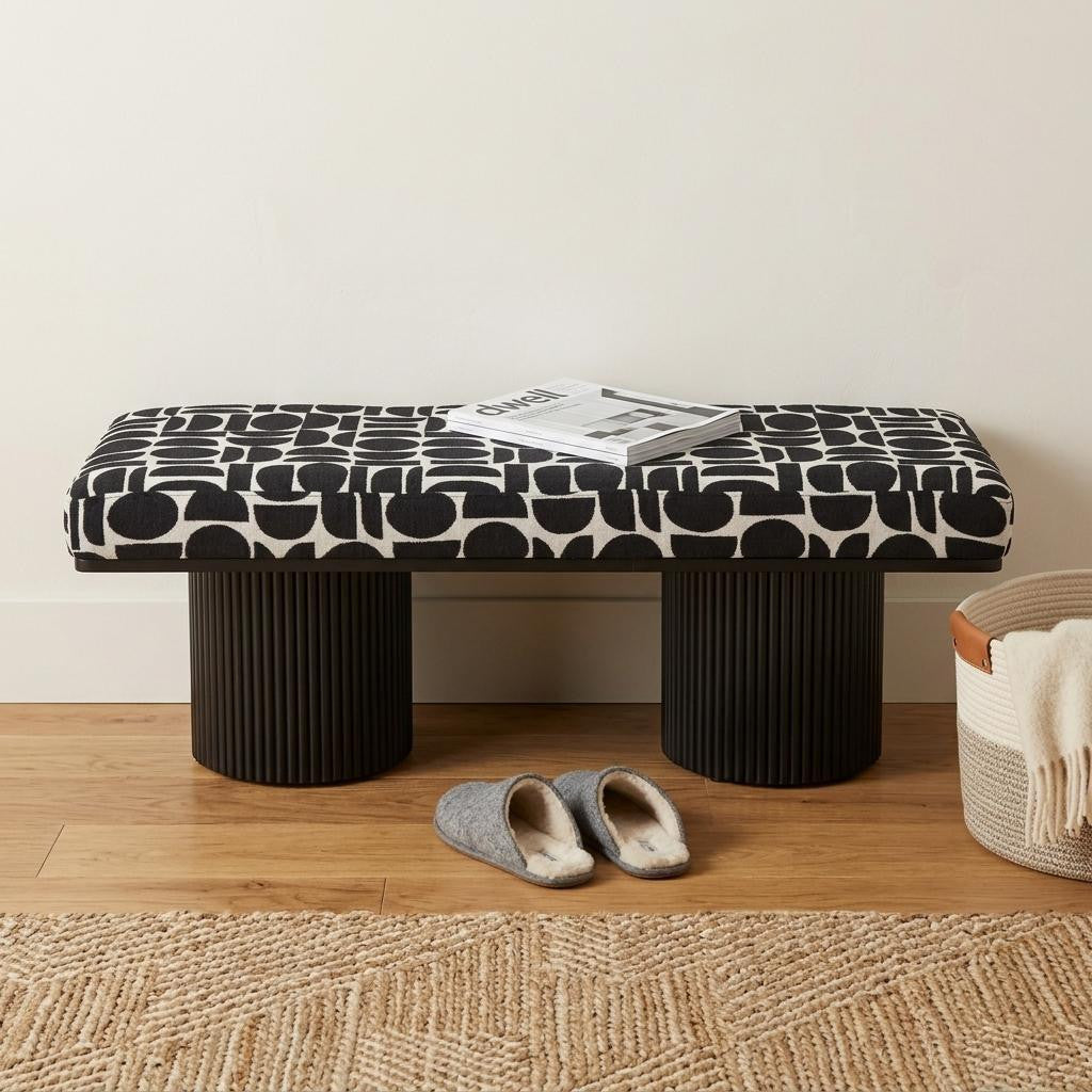 49 Black And White Geometric Fabric and Solid Wood Upholstered Bench