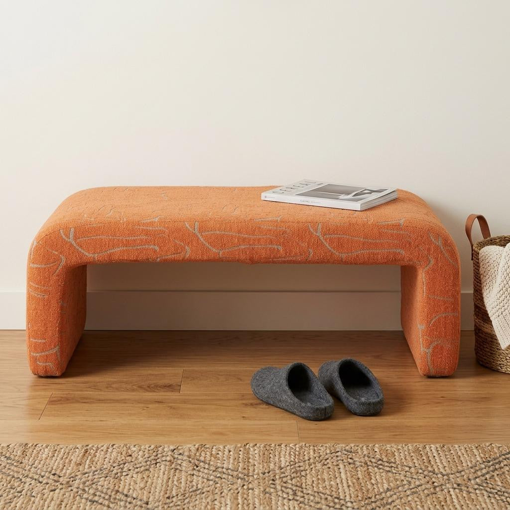 50 Orange Fabric Abstract Curvy Upholstered Bench