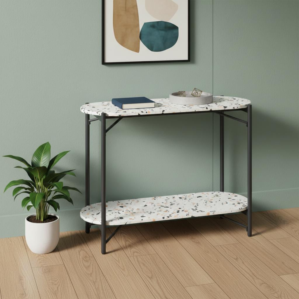 36 White and Black Faux Terrazzo and Steel Oval Console Table With Shelf
