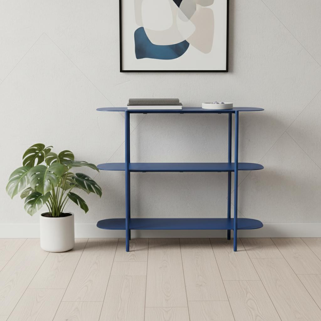 36 Blue Steel Oval Console Table With Two Shelves