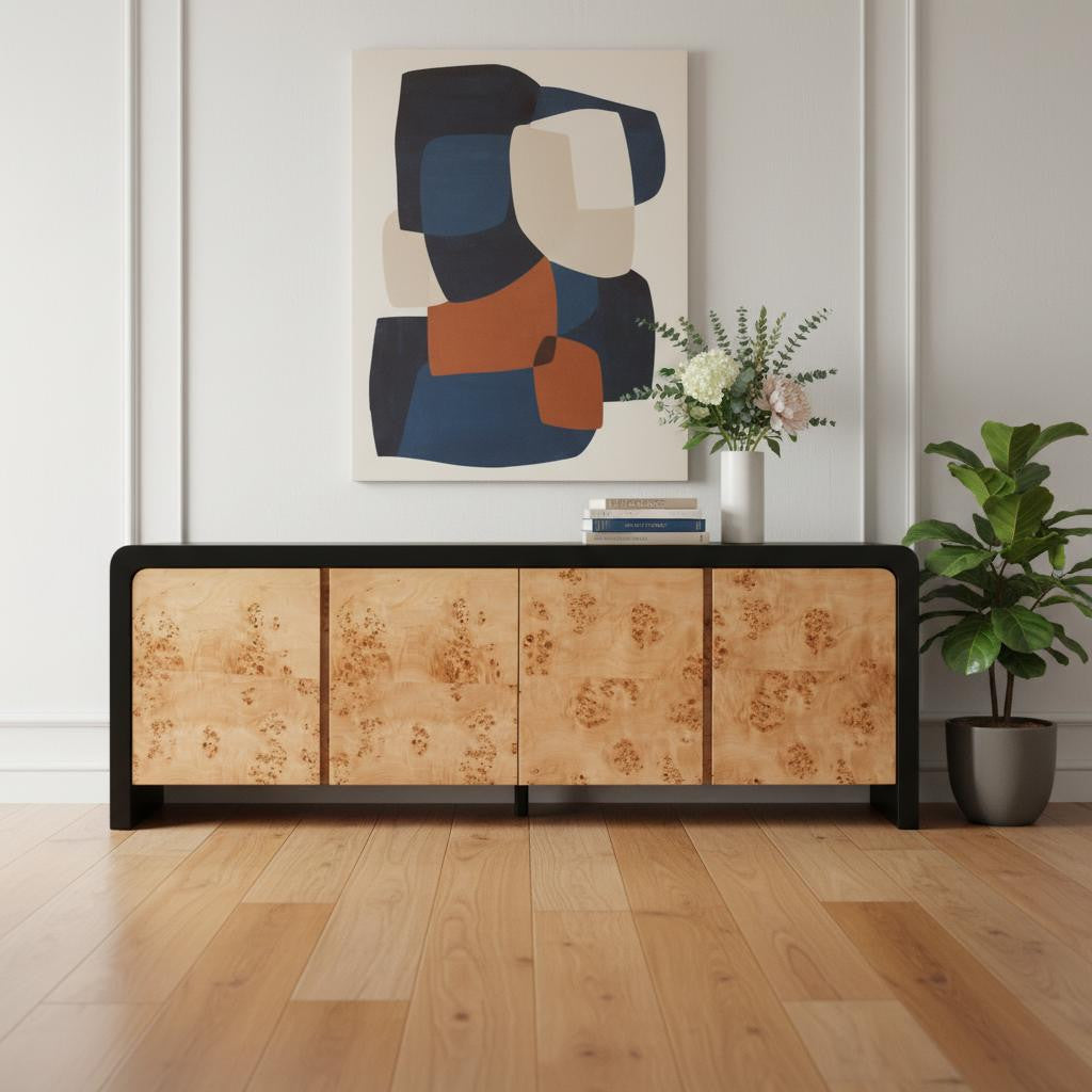 67 Black And Natural Solid Wood Sideboard with Four Doors