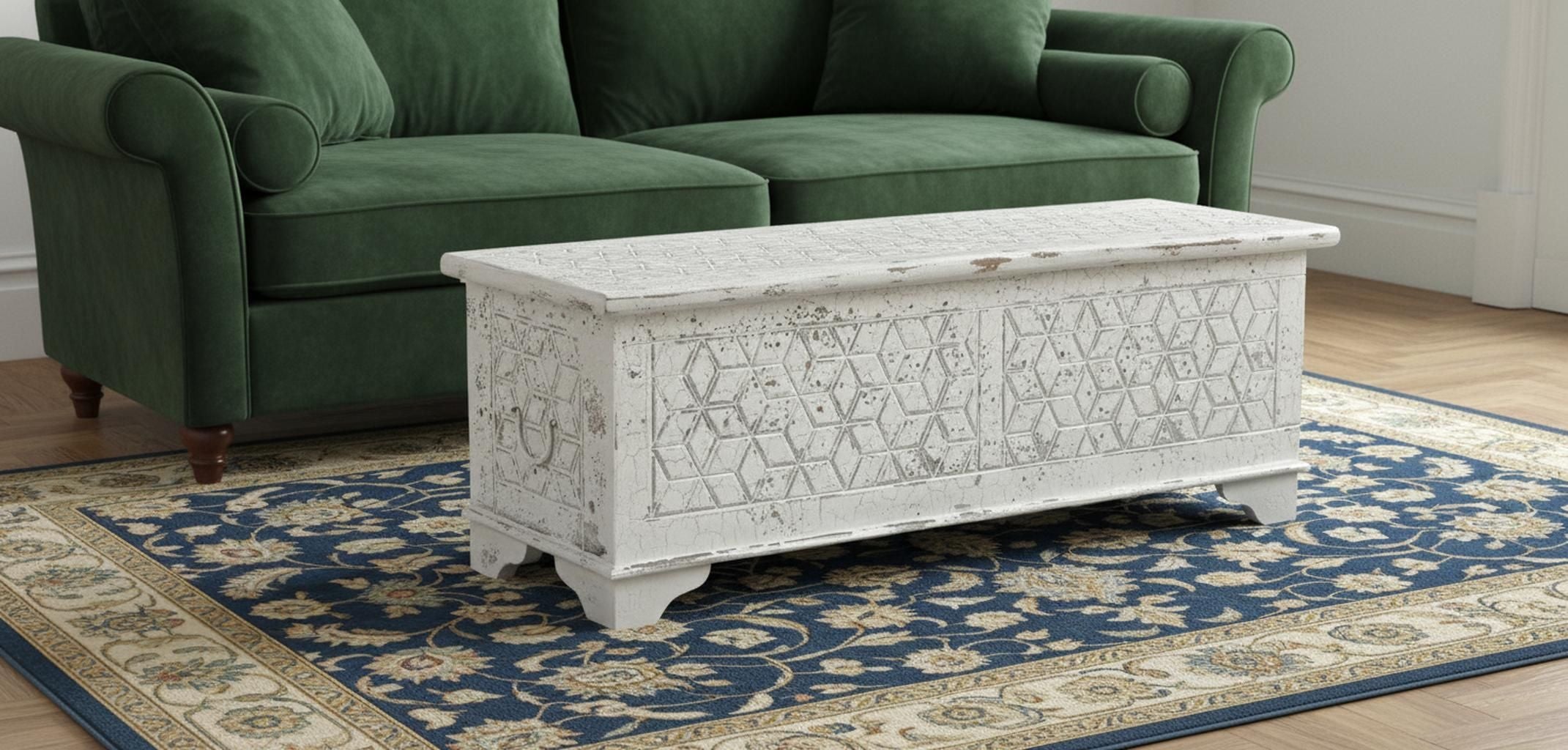 52 White Rustic Solid Wood Geometric Storage Ottoman