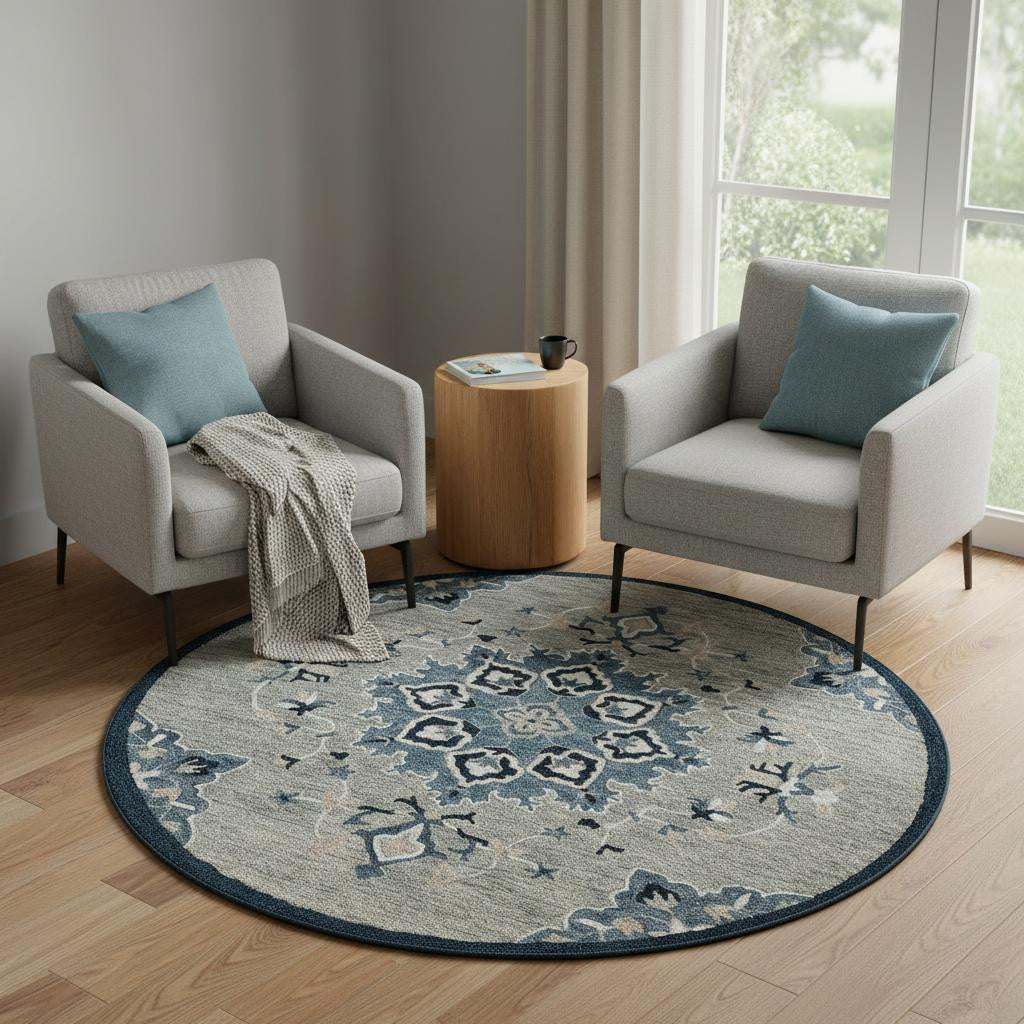 7 Blue And Gray Wool Medallion Hand Tufted Round Rug