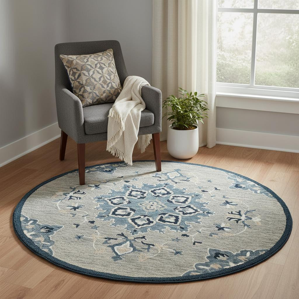 3 Blue And Gray Wool Medallion Hand Tufted Round Rug