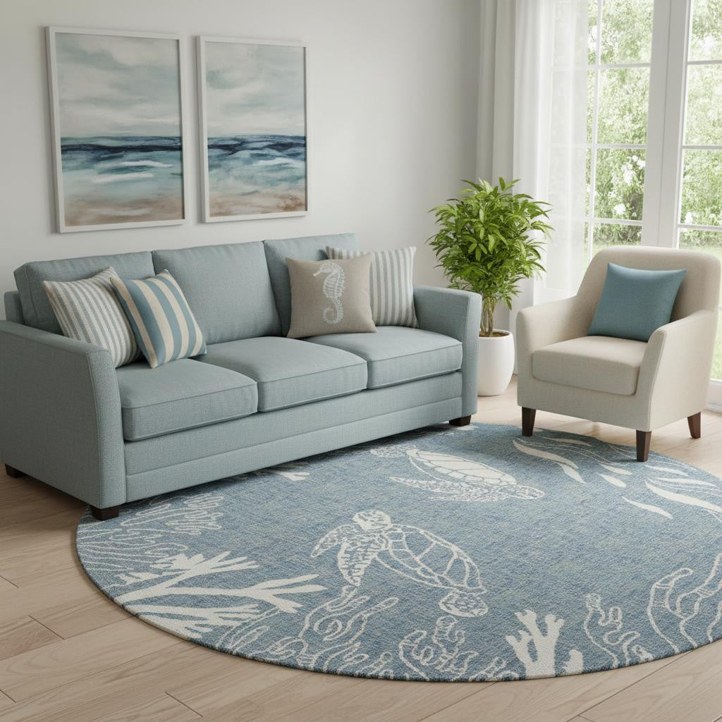 8 Blue And Off White Nautical Round Rug