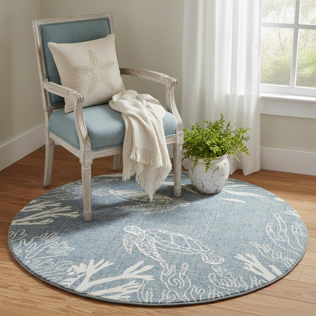 5 Blue And Off White Nautical Round Rug