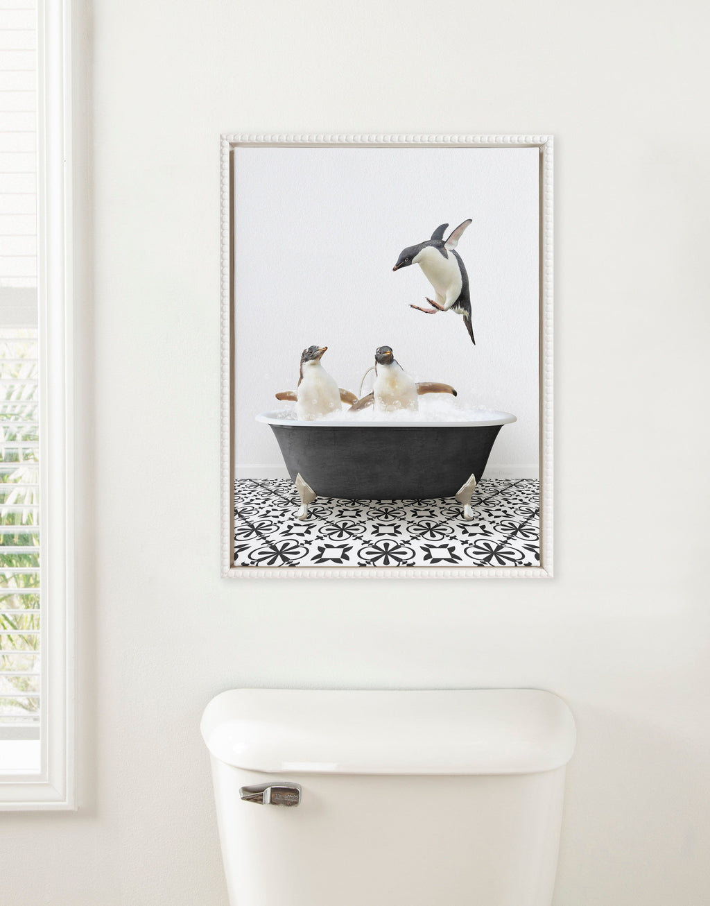 Sylvie Penguins in Classic Black and White Bath Framed Canvas by Amy Peterson