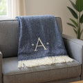 55 X 70 Navy Blue And White Herringbone Cotton Blend A Initial Throw Blanket with Tassels And Embroidery