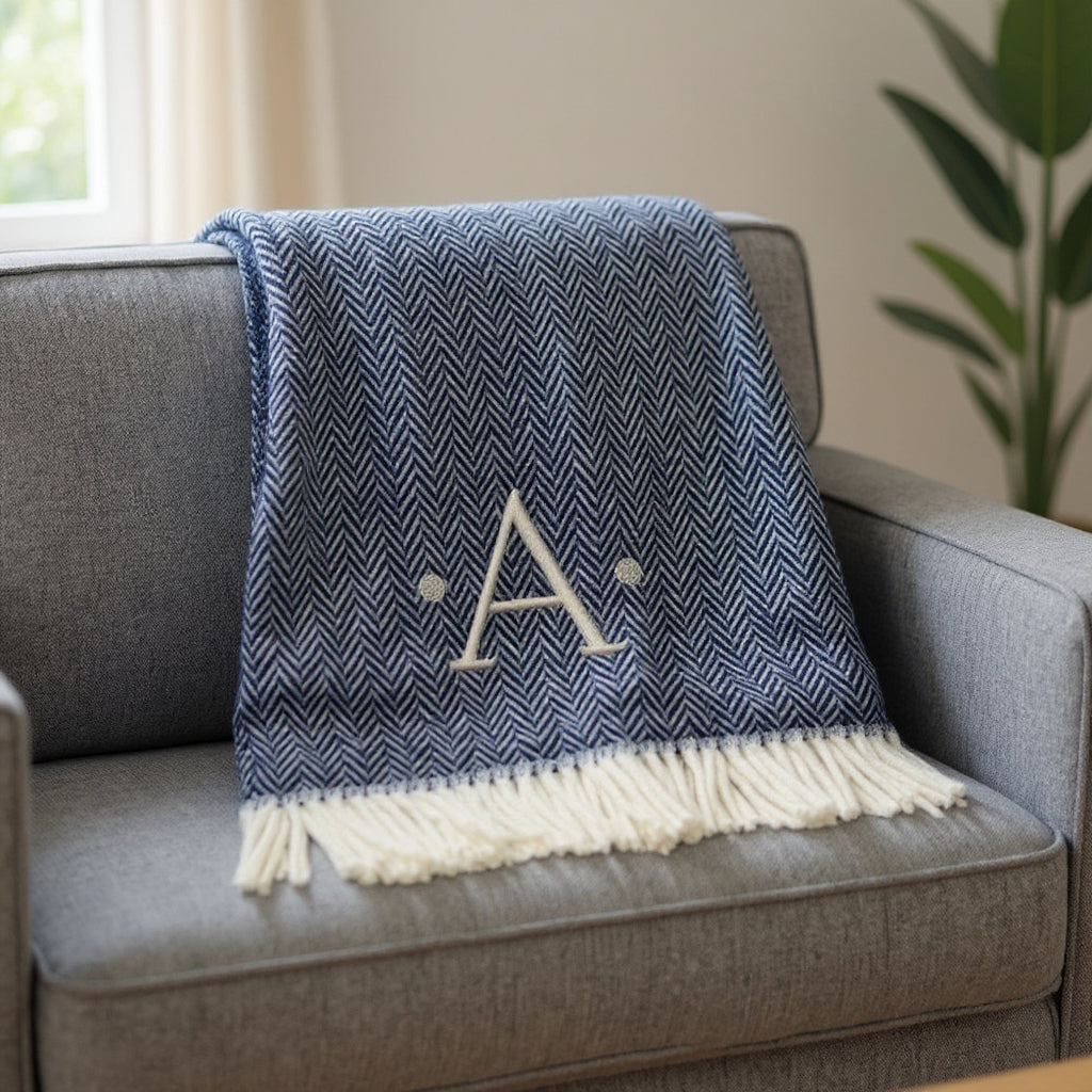 55 X 70 Navy Blue And White Herringbone Cotton Blend A Initial Throw Blanket with Tassels And Embroidery