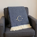 55 X 70 Navy Blue And White Herringbone Cotton Blend C Initial Throw Blanket with Tassels And Embroidery