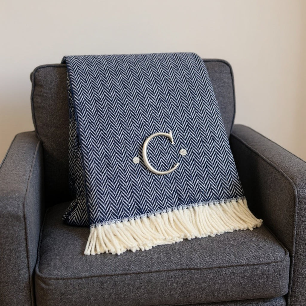 55 X 70 Navy Blue And White Herringbone Cotton Blend C Initial Throw Blanket with Tassels And Embroidery