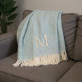 55 X 70 Sky Blue And White Herringbone Cotton Blend M Initial Throw Blanket with Tassels And Embroidery