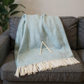 55 X 70 Sky Blue And White Herringbone Cotton Blend A Initial Throw Blanket with Tassels And Embroidery