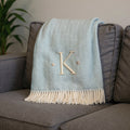 55 X 70 Sky Blue And White Herringbone Cotton Blend K Initial Throw Blanket with Tassels And Embroidery