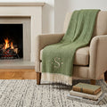 55 X 70 Moss Green And White Herringbone Cotton Blend S Initial Throw Blanket with Tassels And Embroidery
