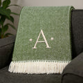 55 X 70 Moss Green And White Herringbone Cotton Blend A Initial Throw Blanket with Tassels And Embroidery