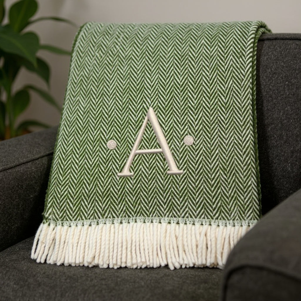 55 X 70 Moss Green And White Herringbone Cotton Blend A Initial Throw Blanket with Tassels And Embroidery