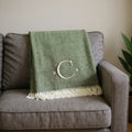 55 X 70 Moss Green And White Herringbone Cotton Blend C Initial Throw Blanket with Tassels And Embroidery