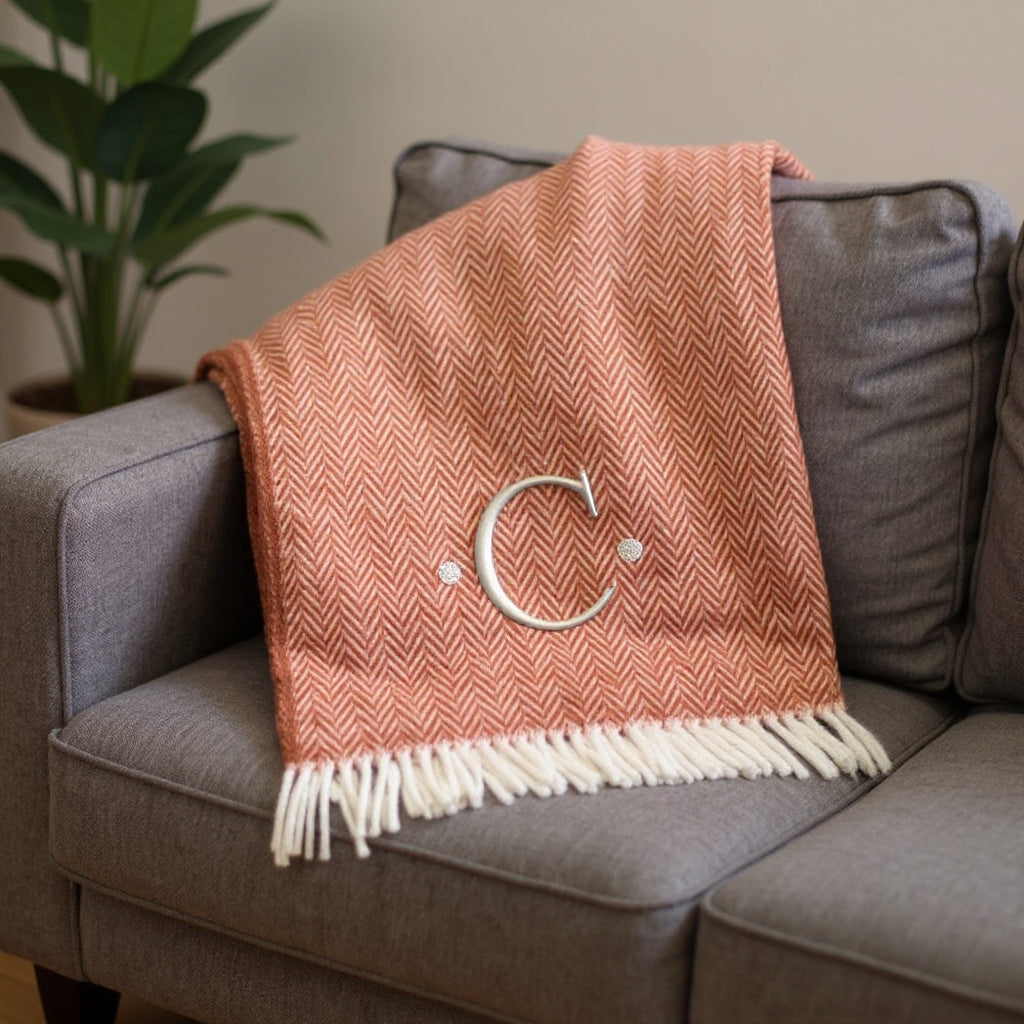 55 X 70 Terra Cotta And White Herringbone Cotton Blend C Initial Throw Blanket with Tassels And Embroidery
