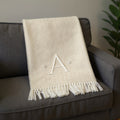 55 X 70 Linen And White Herringbone Cotton Blend A Initial Throw Blanket with Tassels And Embroidery