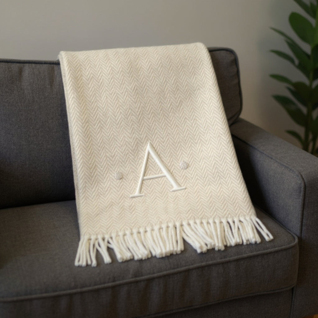 55 X 70 Linen And White Herringbone Cotton Blend A Initial Throw Blanket with Tassels And Embroidery