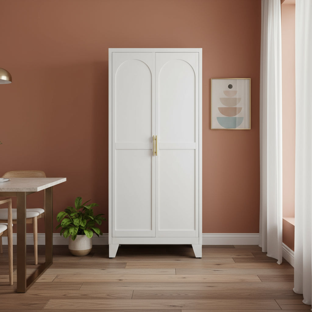 71 White Steel Pantry Or Storage Closet With Arched Panel Doors