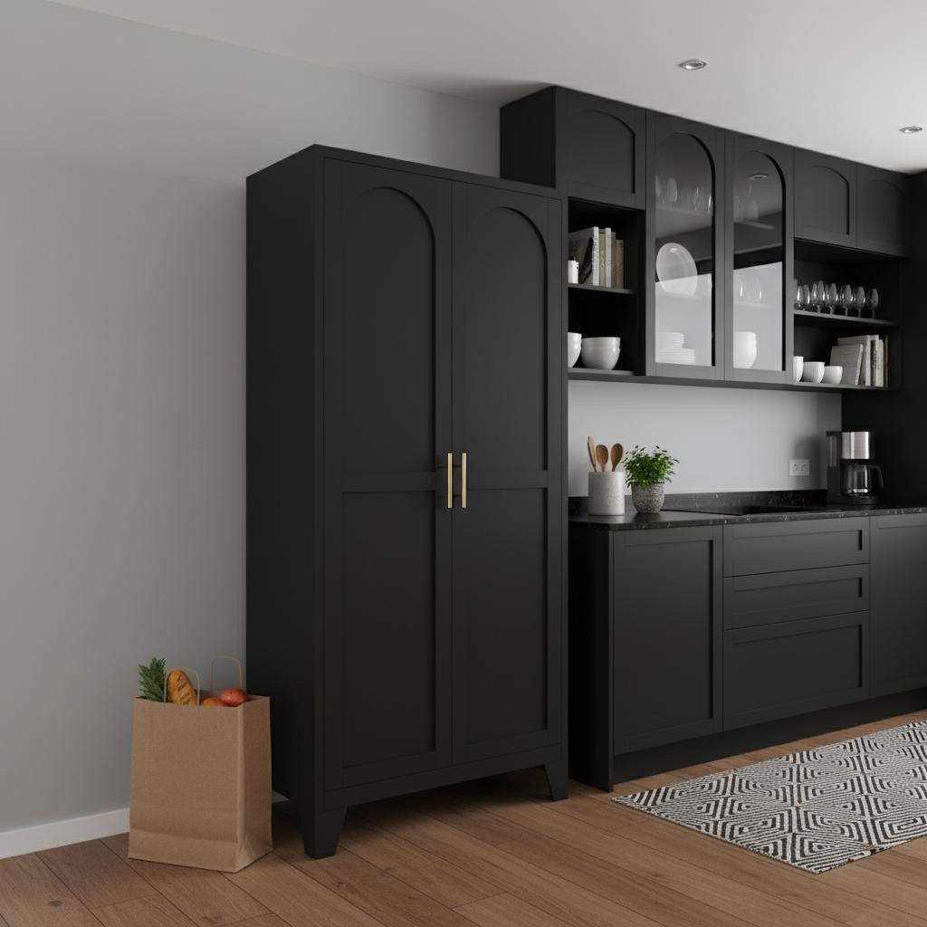61 Black Stainless Steel Pantry Or Storage Closet With Arched Panel Doors