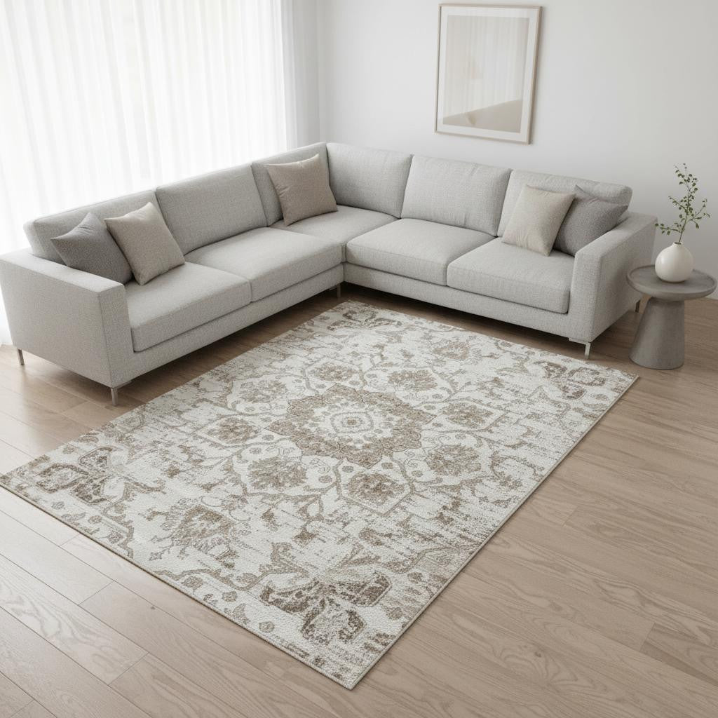 8 X 11 Cream Gray And Light Brown Medallion Area Rug