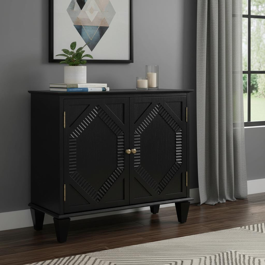 34 Black Wood Carved Geometric Accent Cabinet With Two Doors