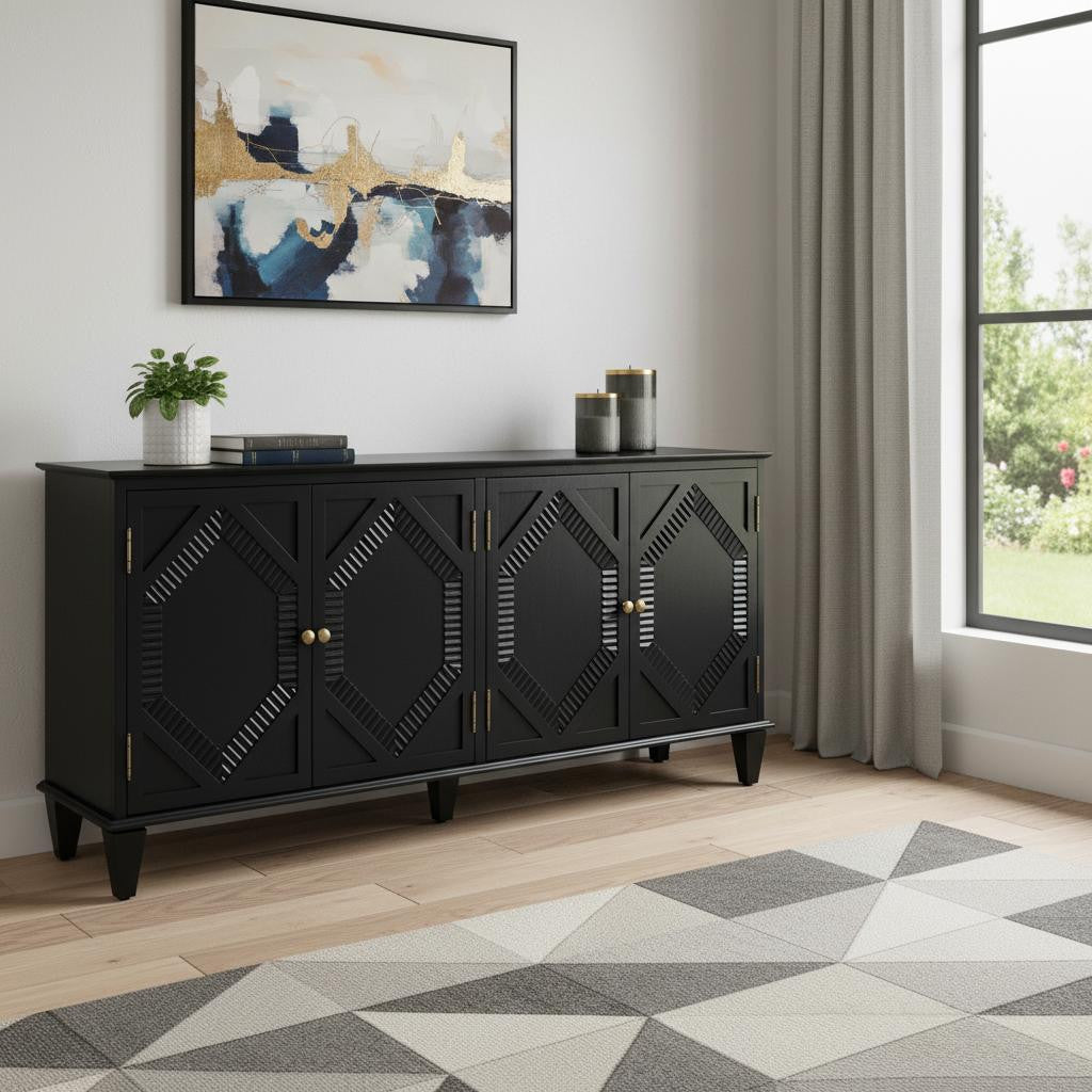 66 Black Wood Carved Geometric Accent Cabinet With Four Doors