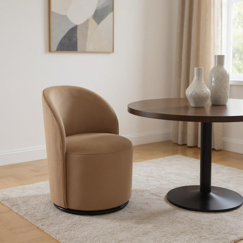 Brown and Black Velvet Curved Back Swivel Dining Arm Chair
