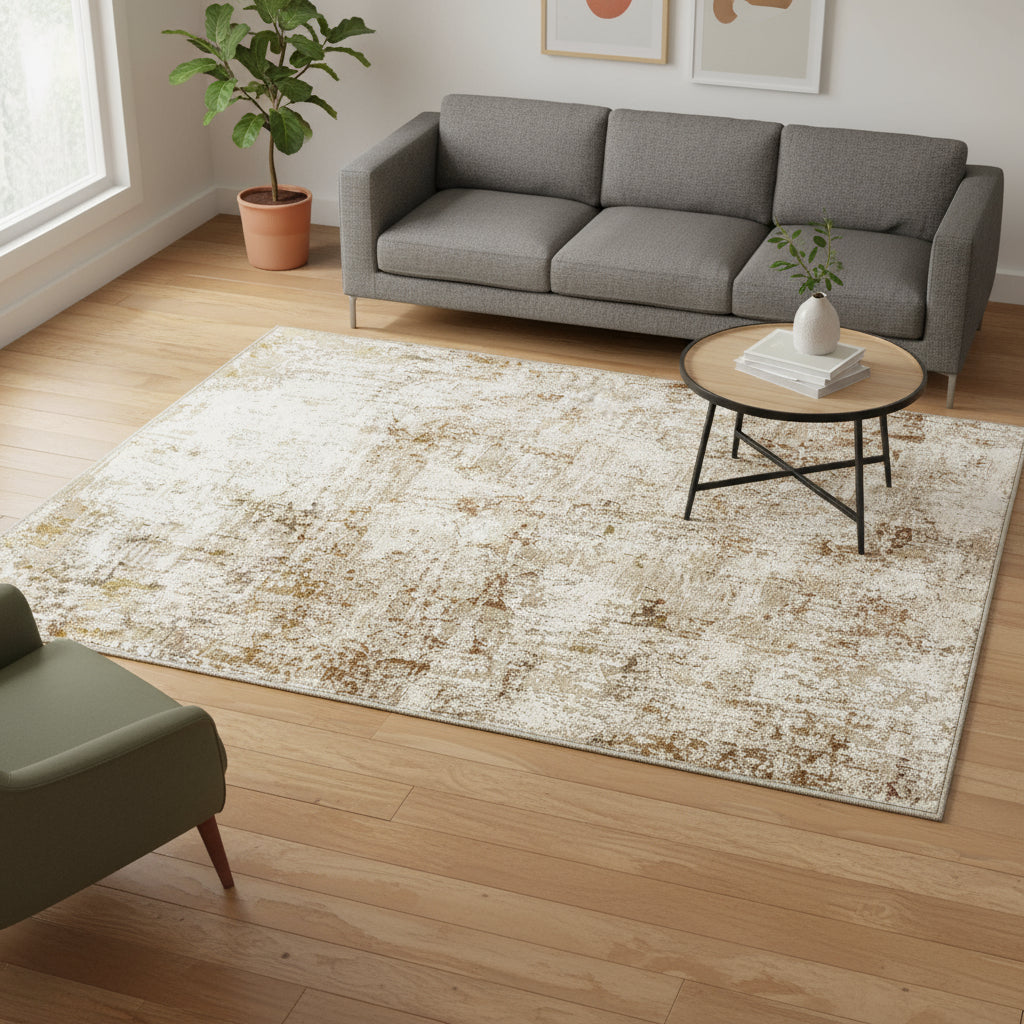 9 X 12 Brown And Ivory Abstract Washable Area Rug