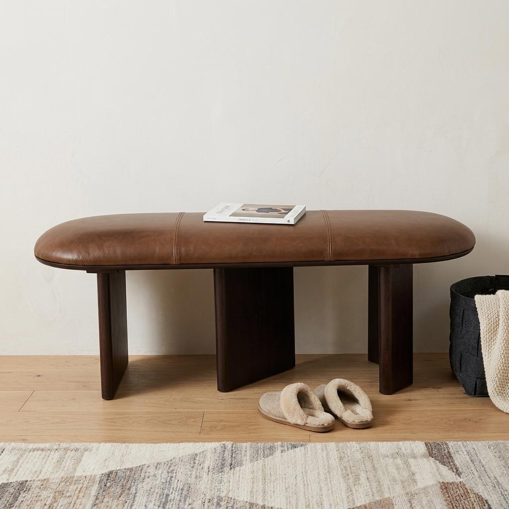 48 Brown Genuine Leather and Solid Wood Upholstered Bench