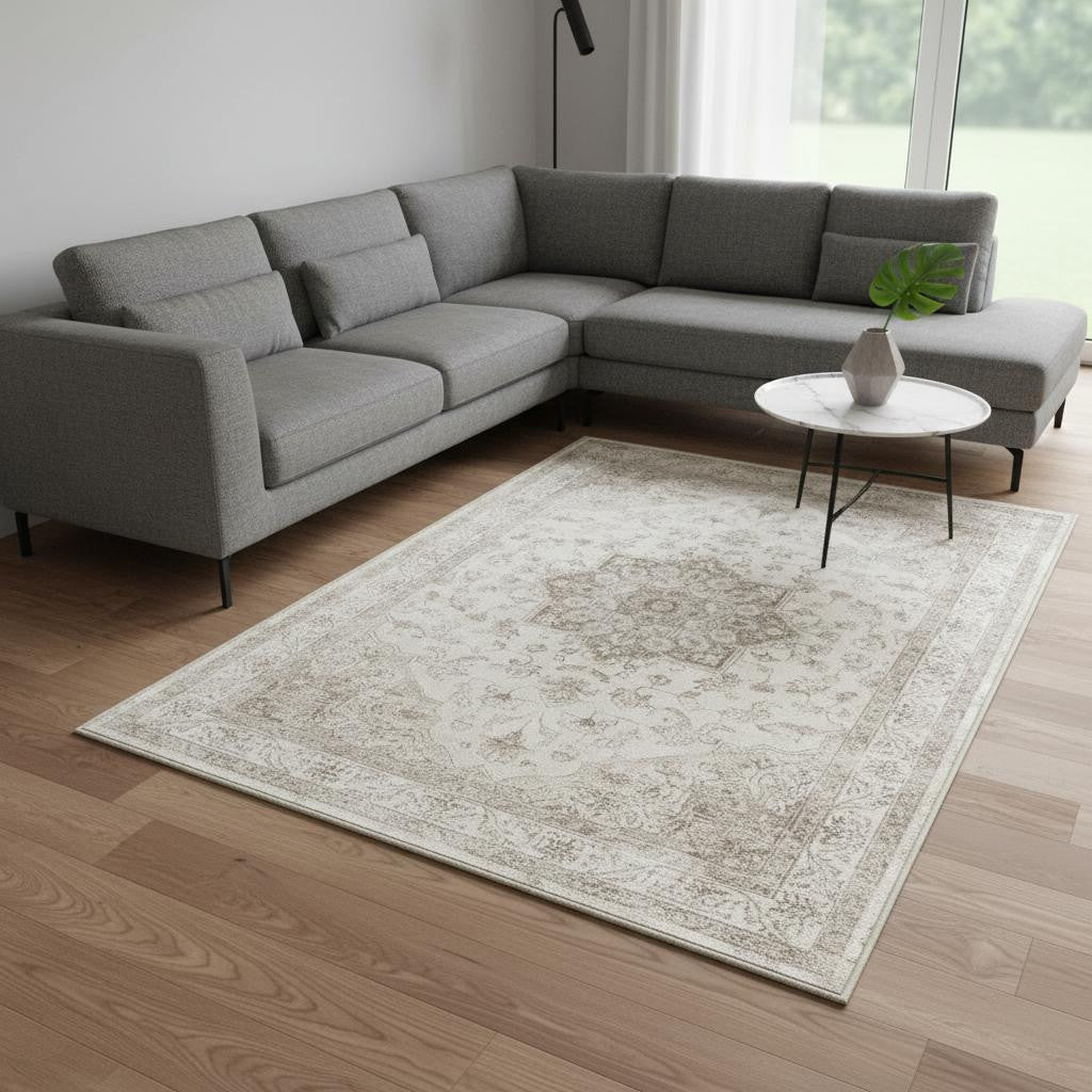 8 X 10 Ivory And Brown Floral Medallion Washable Area Rug