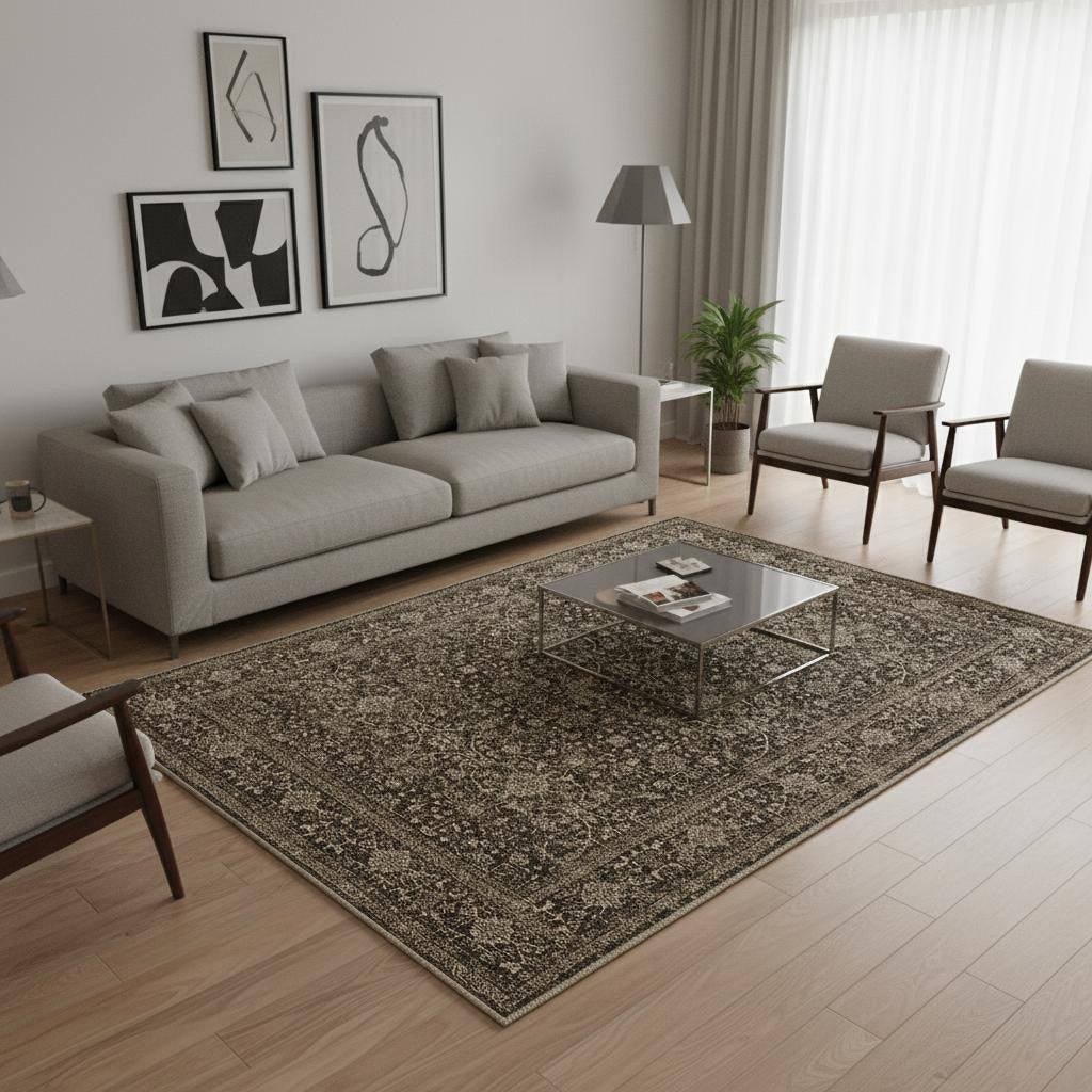 5 X 7 Brown And Beige Floral Medallion Washable Area Rug