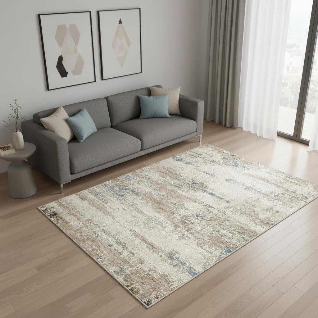 5 X 7 Blue Brown And Ivory Abstract Washable Area Rug