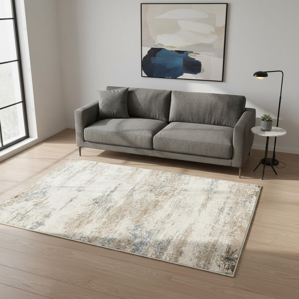 6 X 9 Blue Brown And Ivory Abstract Washable Area Rug