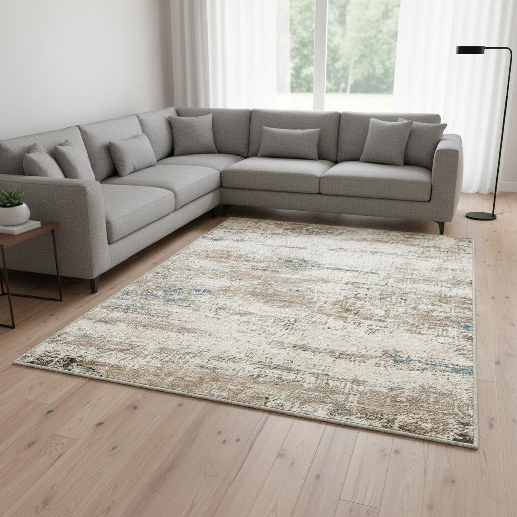 9 X 12 Blue Brown And Ivory Abstract Washable Area Rug
