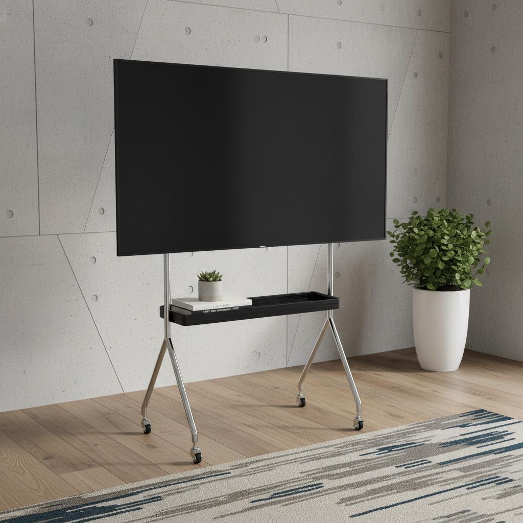 50 Black And Silver Stainless Steel Open Shelving Rolling TV Stand
