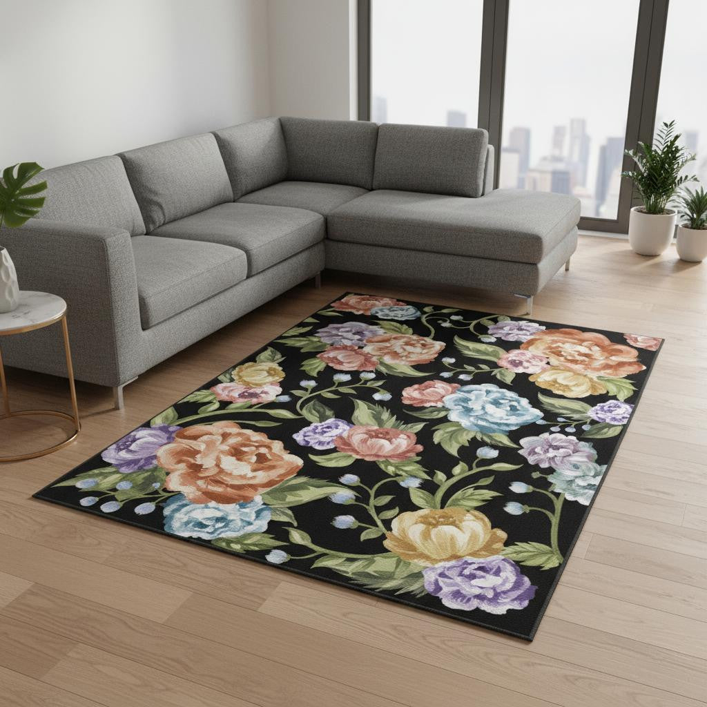 8 X 10 Black Green And Orange Floral Washable Area Rug