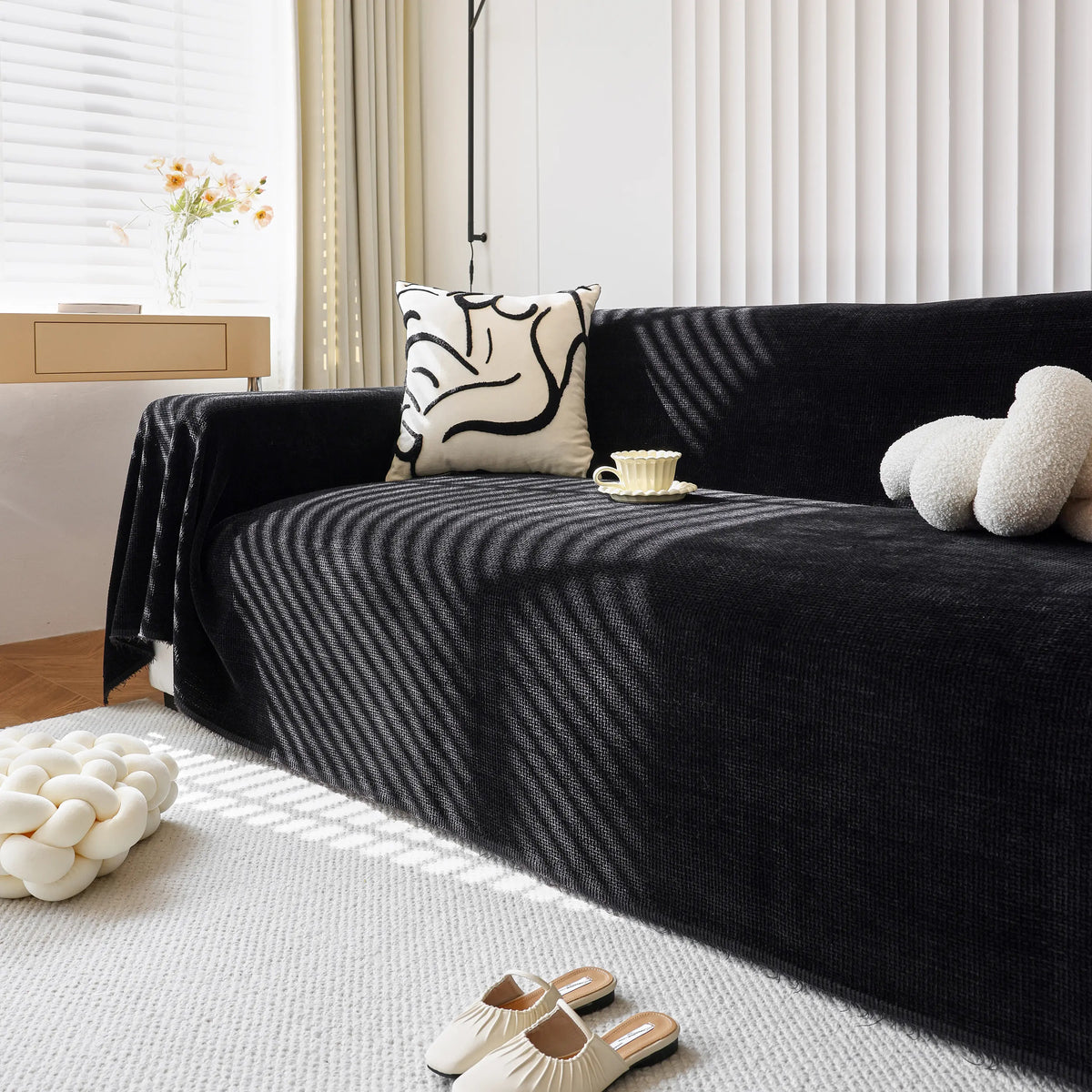 Chenille Thickened Solid Couch Blanket Throws, Reversible Couch Covers for Sectional Couches
