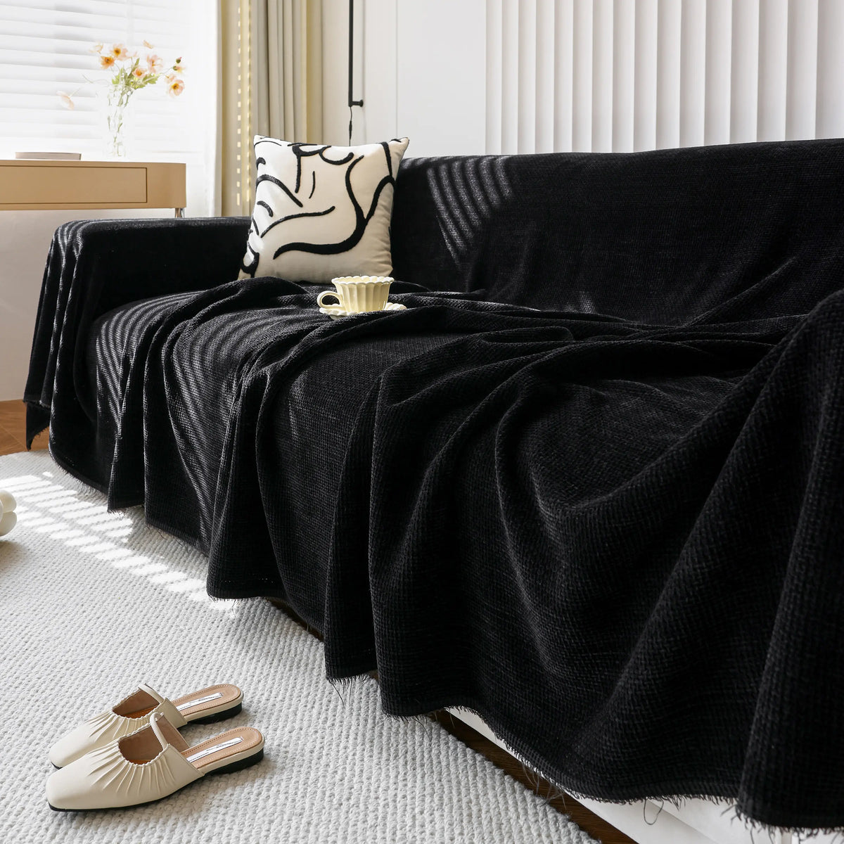 Chenille Thickened Solid Couch Blanket Throws, Reversible Couch Covers for Sectional Couches