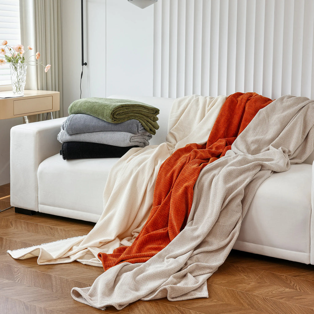Chenille Thickened Solid Couch Blanket Throws, Reversible Couch Covers for Sectional Couches