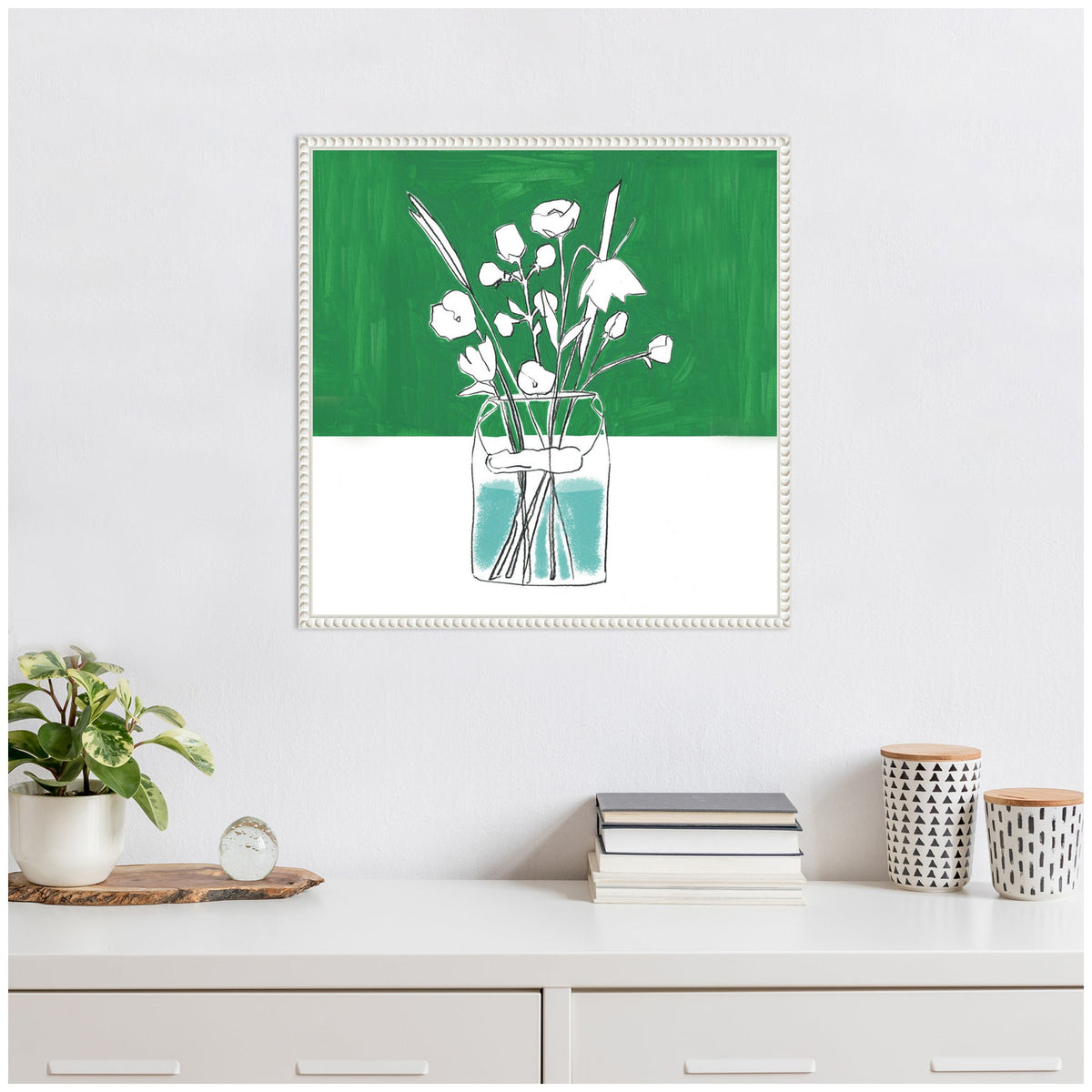 Sylvie Minimalist Floral Vase with Green Framed Canvas by Teju Reval