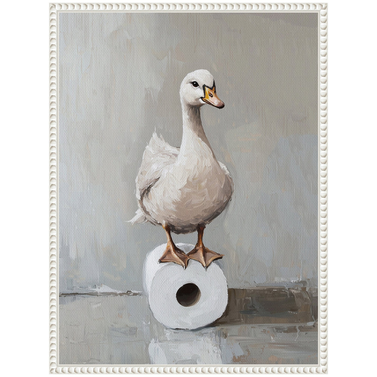 Sylvie Goose Standing on a Toilet Paper Roll Bathroom Art Framed Canvas by The Creative Bunch Studio