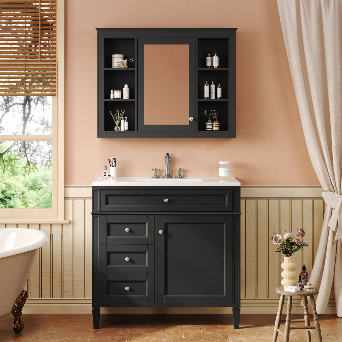 Bathroom Vanity With Mirror Cabinet, Single Sink With 2 Soft Closing Doors And 4 Drawers